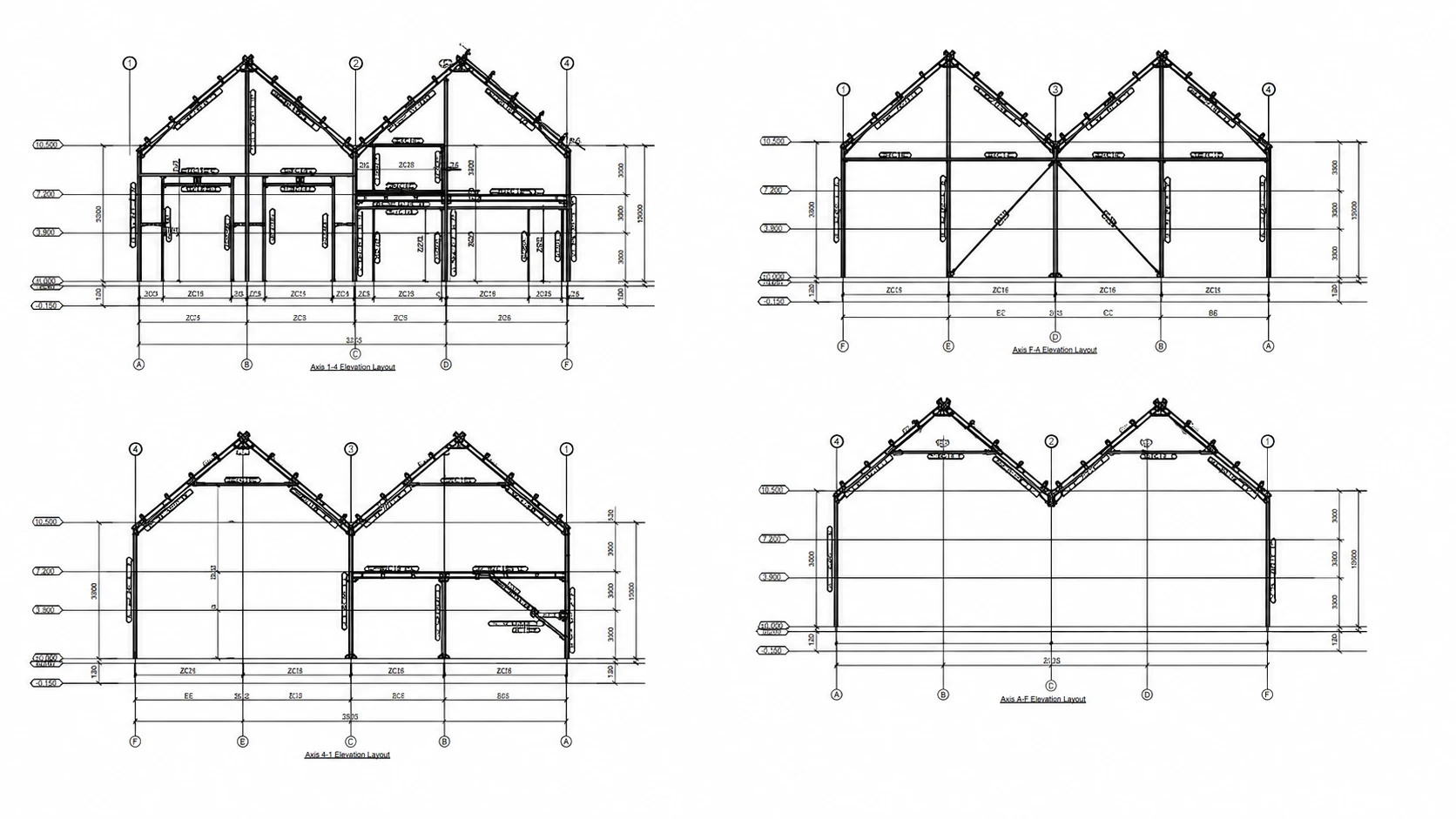 Warehouse steel structure elevation drawings showing twin-gable frames, dimensions and bracing for the Romania project.