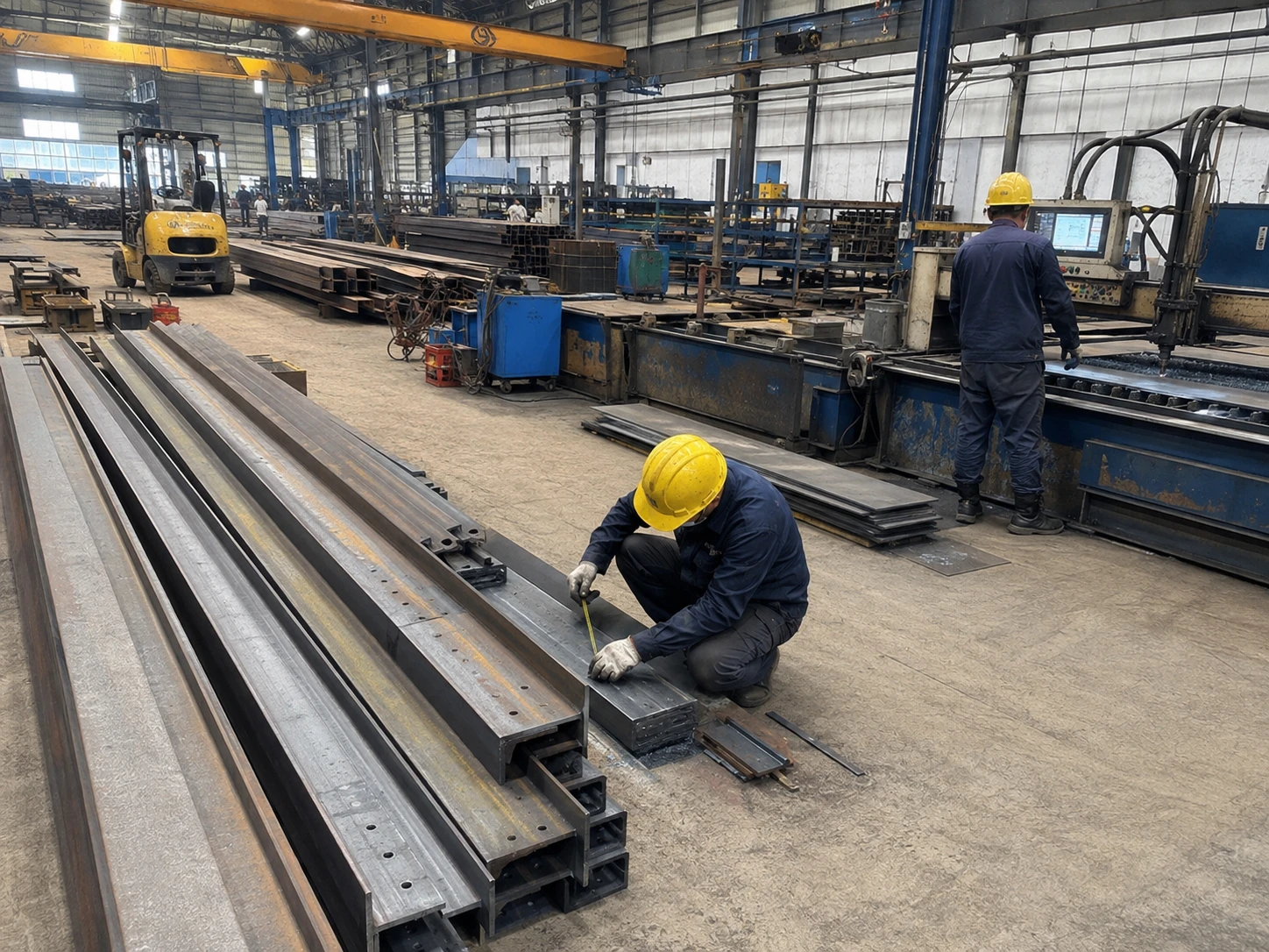 Workers measure steel members beside a CNC cutting line during fabrication for the Romania warehouse project.