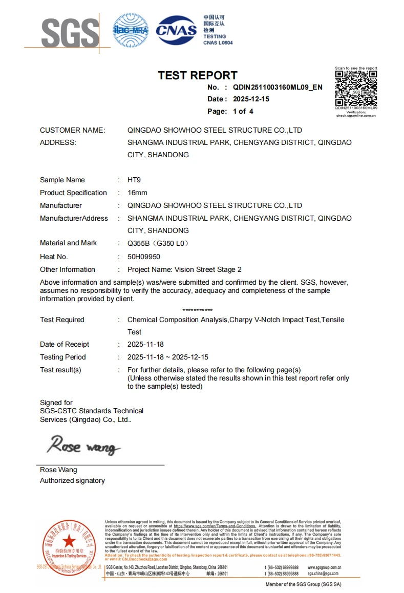 SGS test report for Q355B structural steel covering chemical composition, tensile strength and Charpy impact testing.