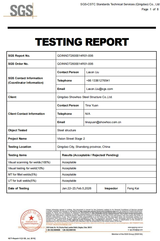 SGS steel structure test report showing acceptable visual, MT and UT weld inspection results for fabricated steel components.