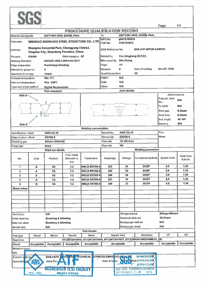 SGS Procedure Qualification Record for structural steel welding, documenting GMAW parameters, test results and approval.