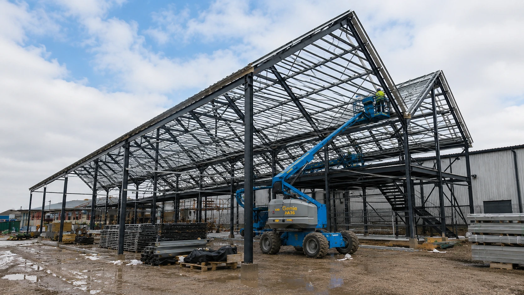 Secondary steel purlins, girts and bracing installed on the Romania warehouse frame with workers using access lifts.