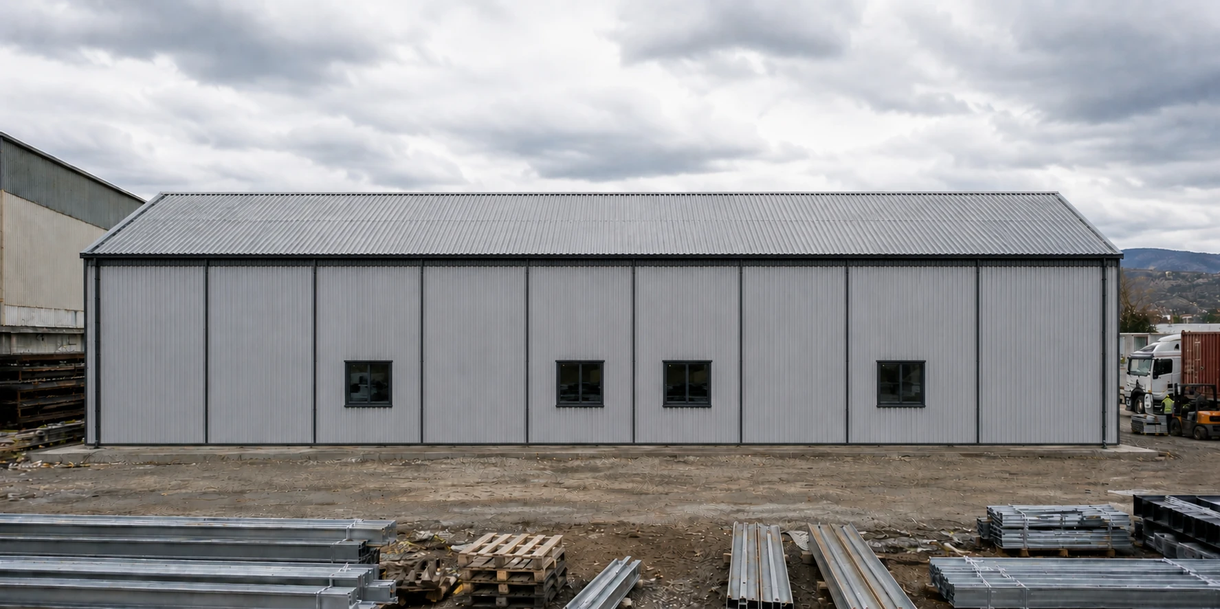 Side view of the completed Romania steel structure warehouse building with gray cladding, pitched roof and four windows.