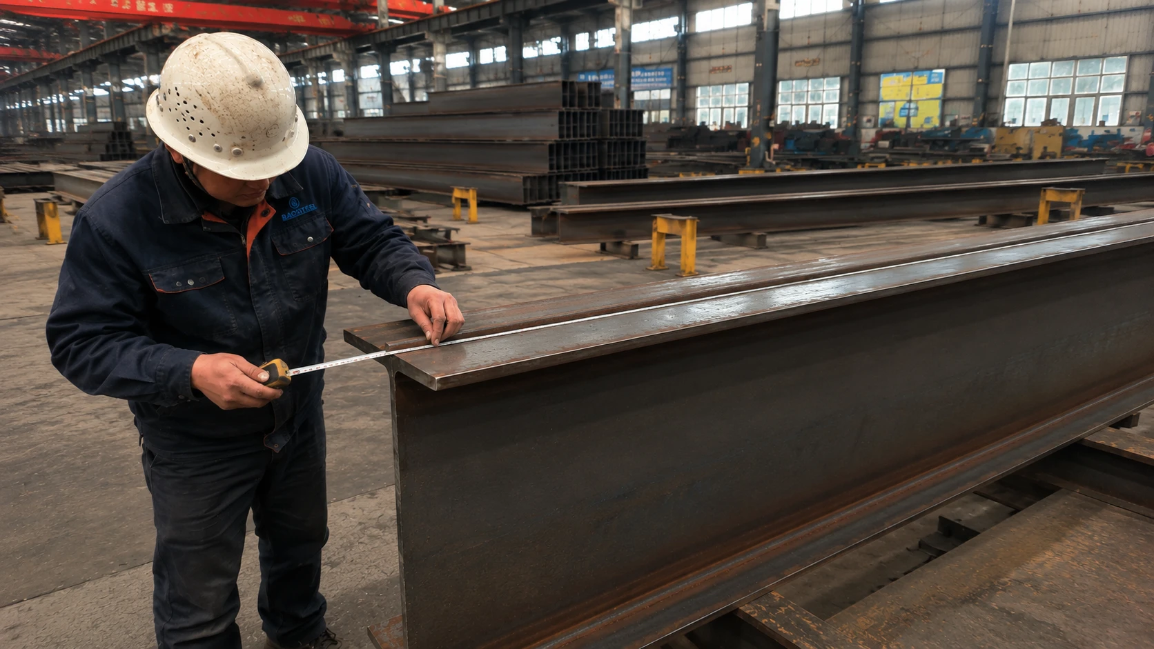 Worker measures a fabricated steel beam during dimensional quality inspection for the Romania warehouse project.