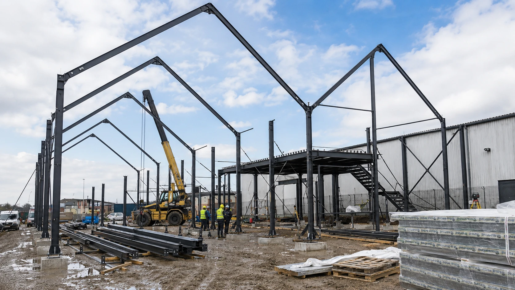 Crane-assisted steel frame erection during construction of the Romania steel structure warehouse.