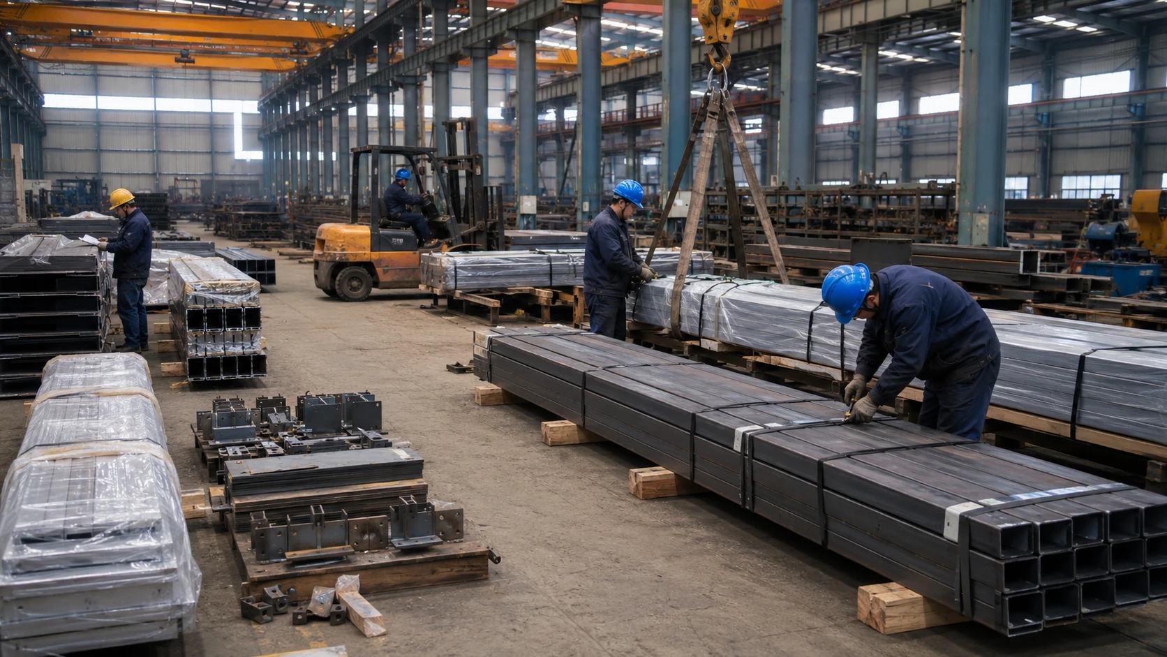 Workers inspect and bundle fabricated steel members before packing for the Romania warehouse project.