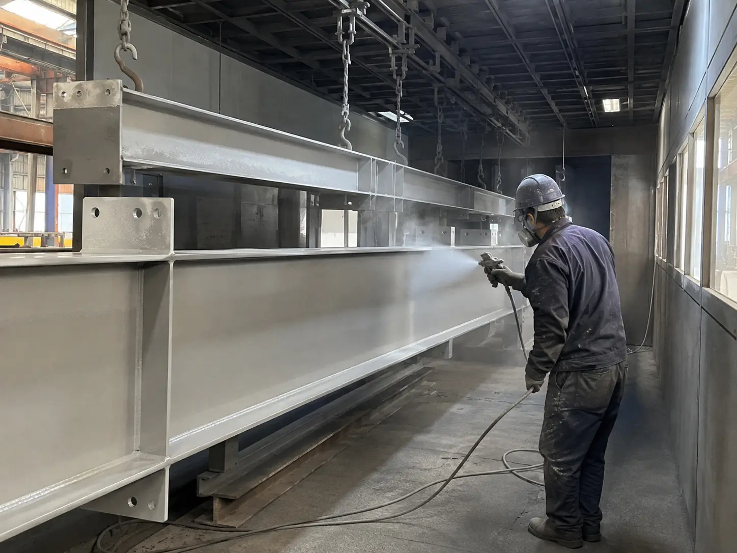 Steel beam painting process in fabrication factory with worker applying protective coating