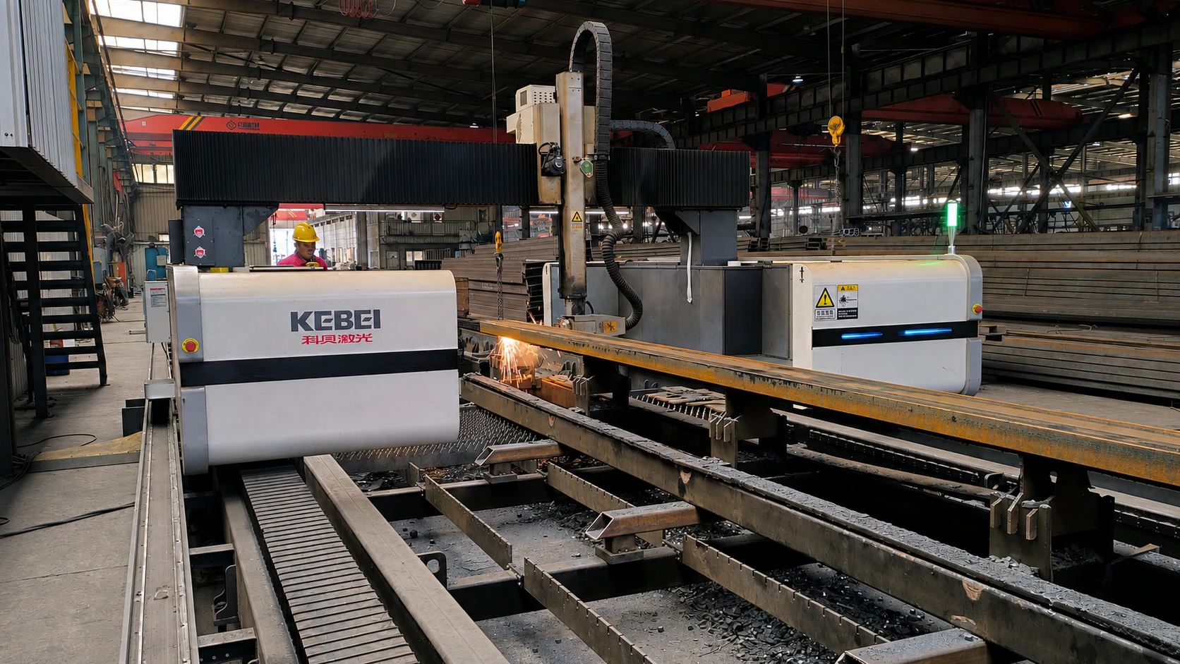 CNC fabrication equipment cutting structural steel components inside a steel structure manufacturing workshop.