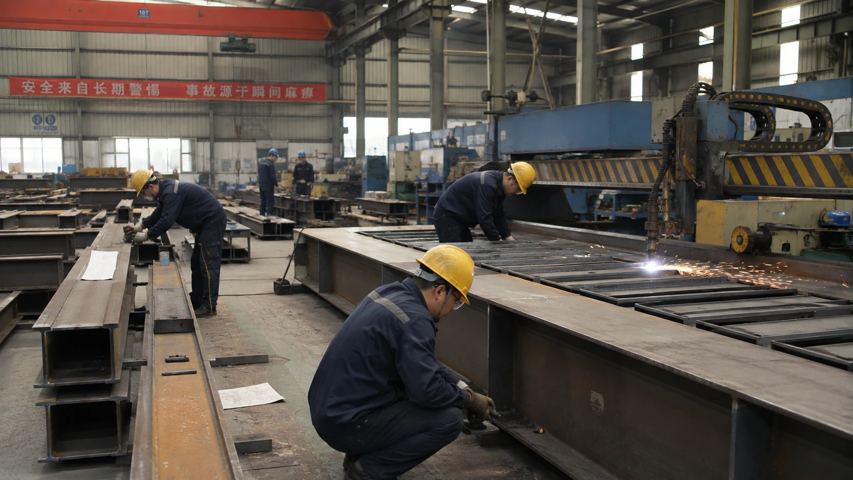 Steel structure fabrication team cutting and processing structural steel components in a manufacturing workshop.