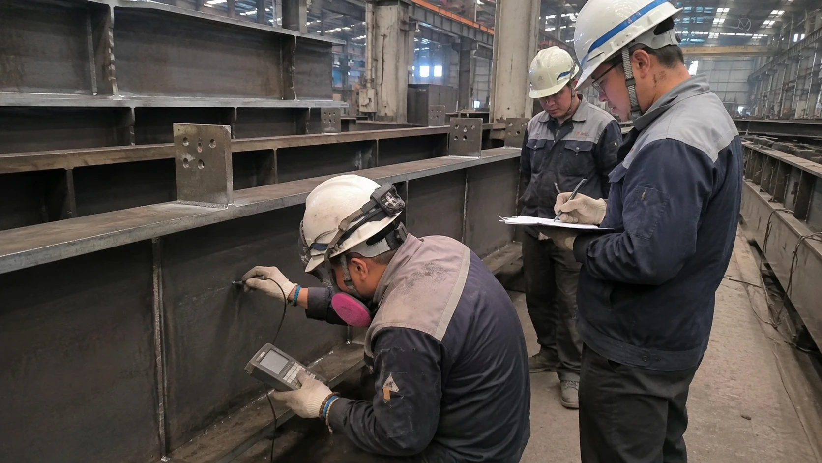 Quality control team inspecting structural steel welds and components during factory production.