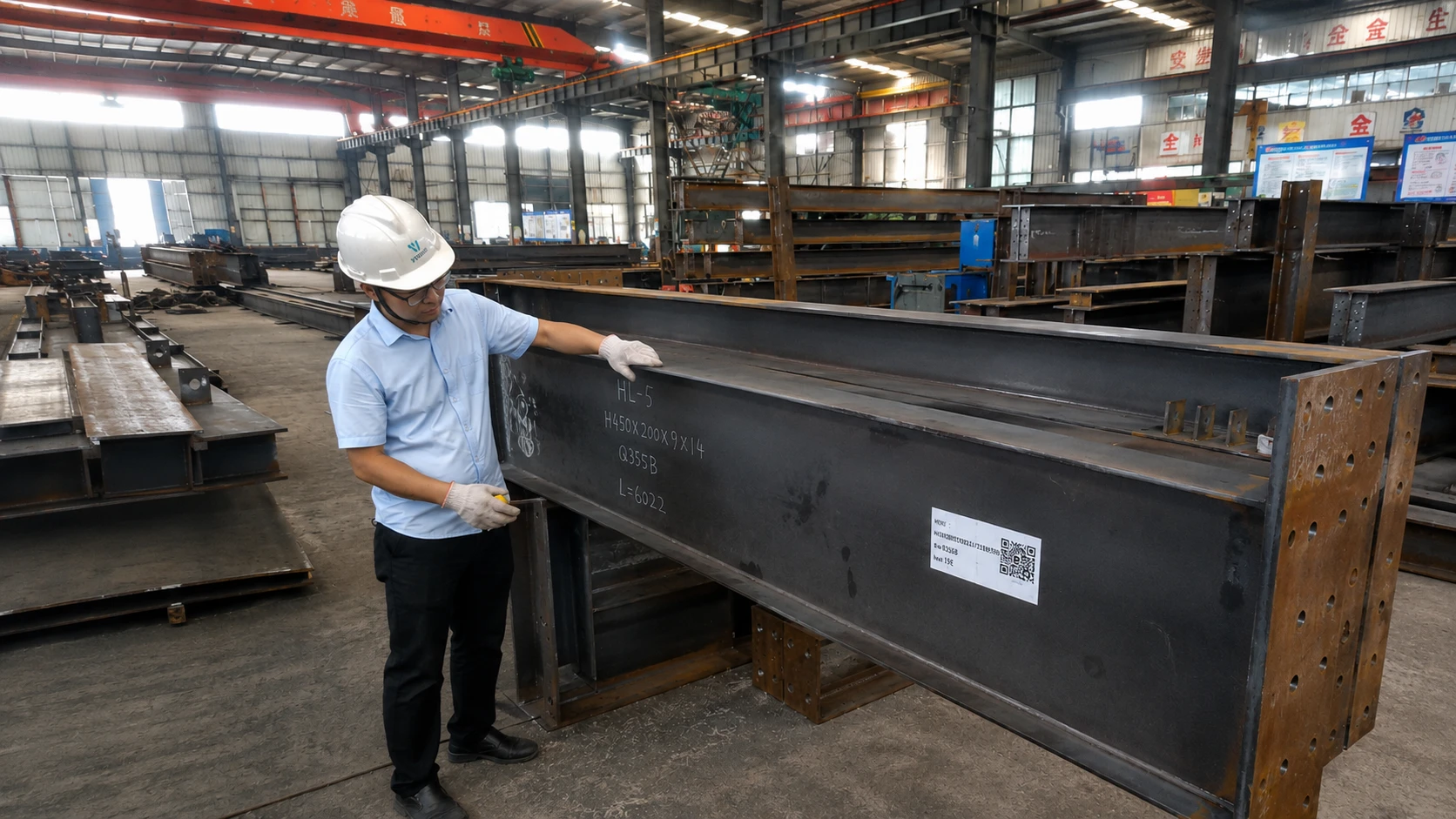 Quality inspector checking a fabricated Q355B H-beam, including dimensions, identification and connection details.