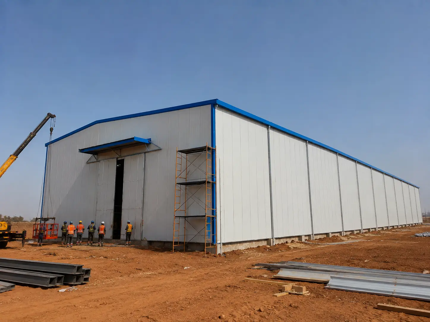 Steel warehouse envelope completion with insulated wall panels and exterior cladding installation