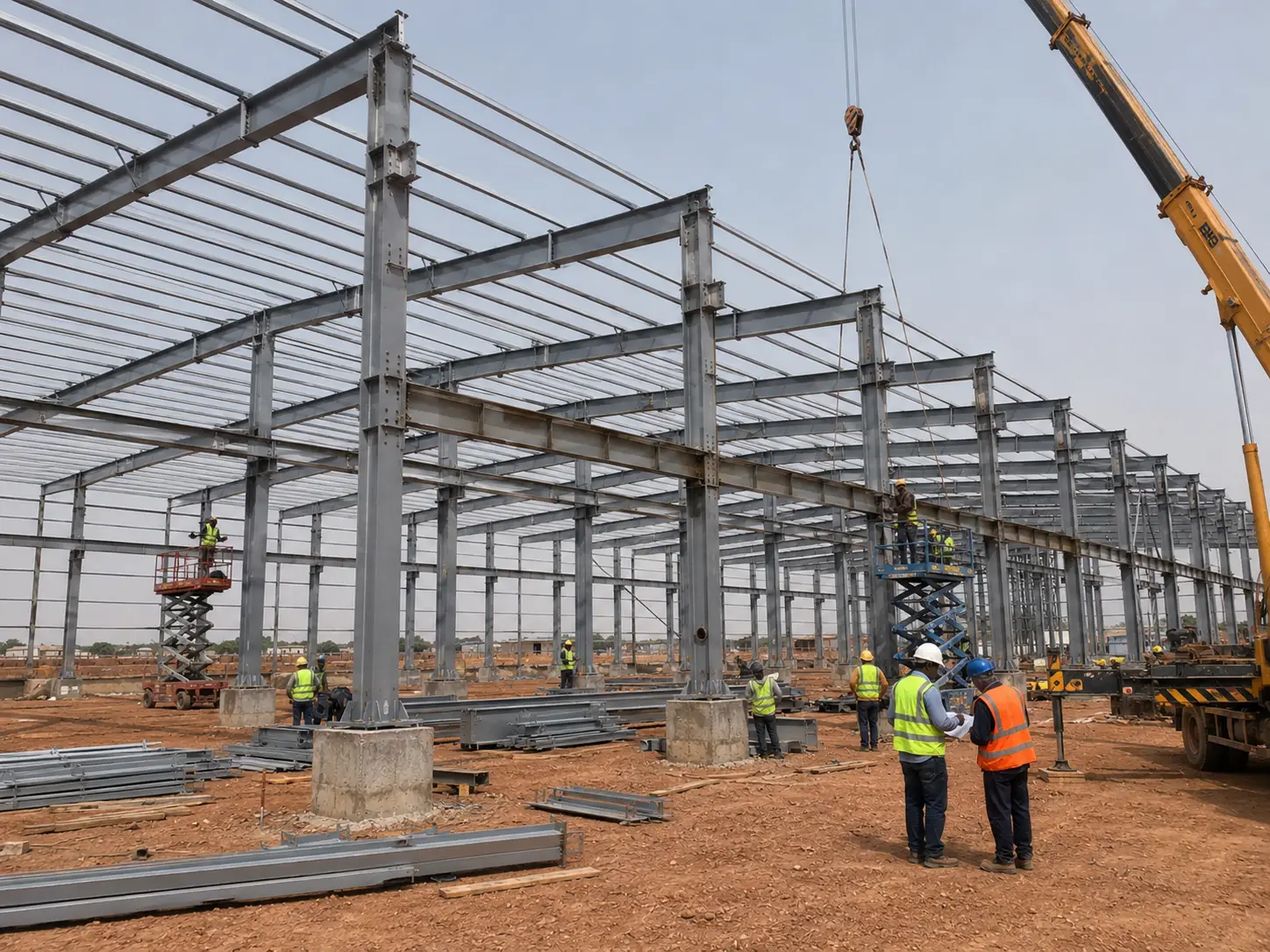 Steel warehouse secondary structure installation with crane lifting beams and workers on site