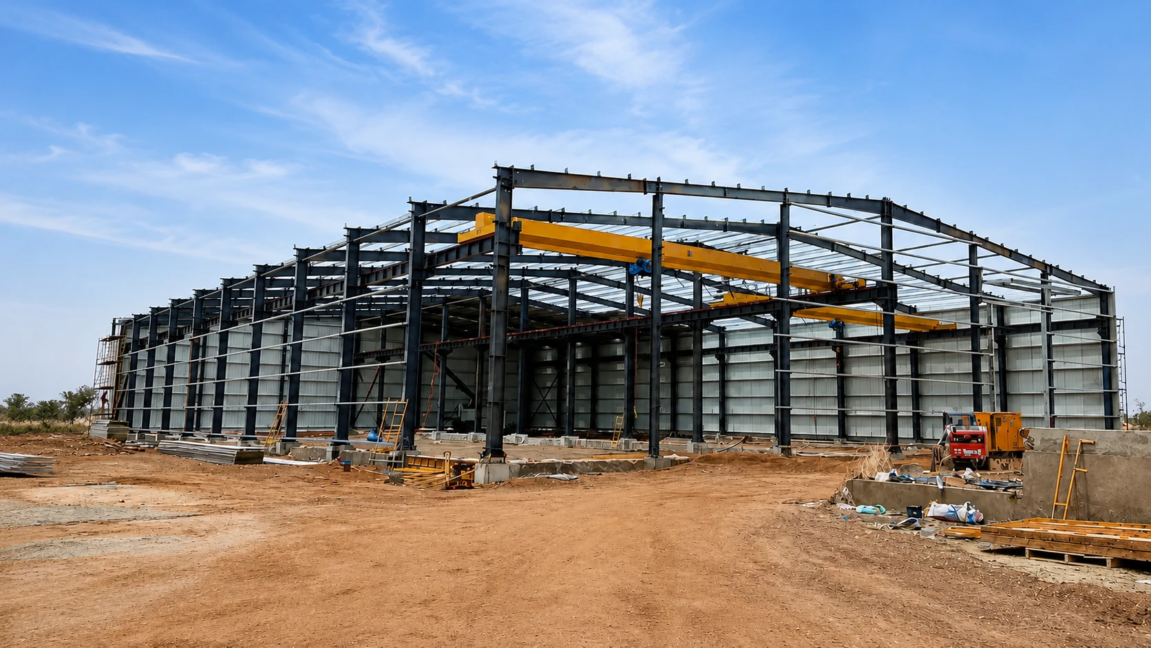 Steel structure workshop under construction with portal frames, crane beams and wall cladding installed on site.