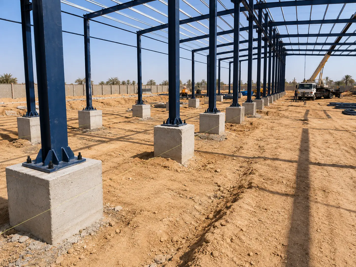 Niger steel warehouse columns fixed to concrete pedestals with anchor bolts on sandy soil
