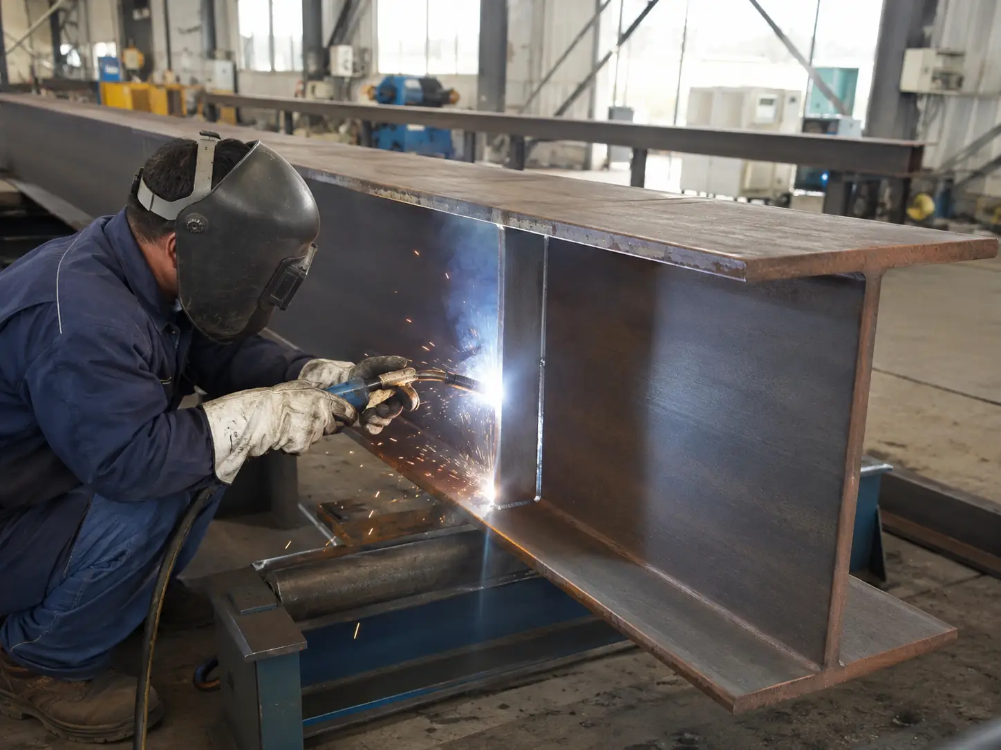 Worker welding stiffener plates onto an H-section steel member during structural fabrication