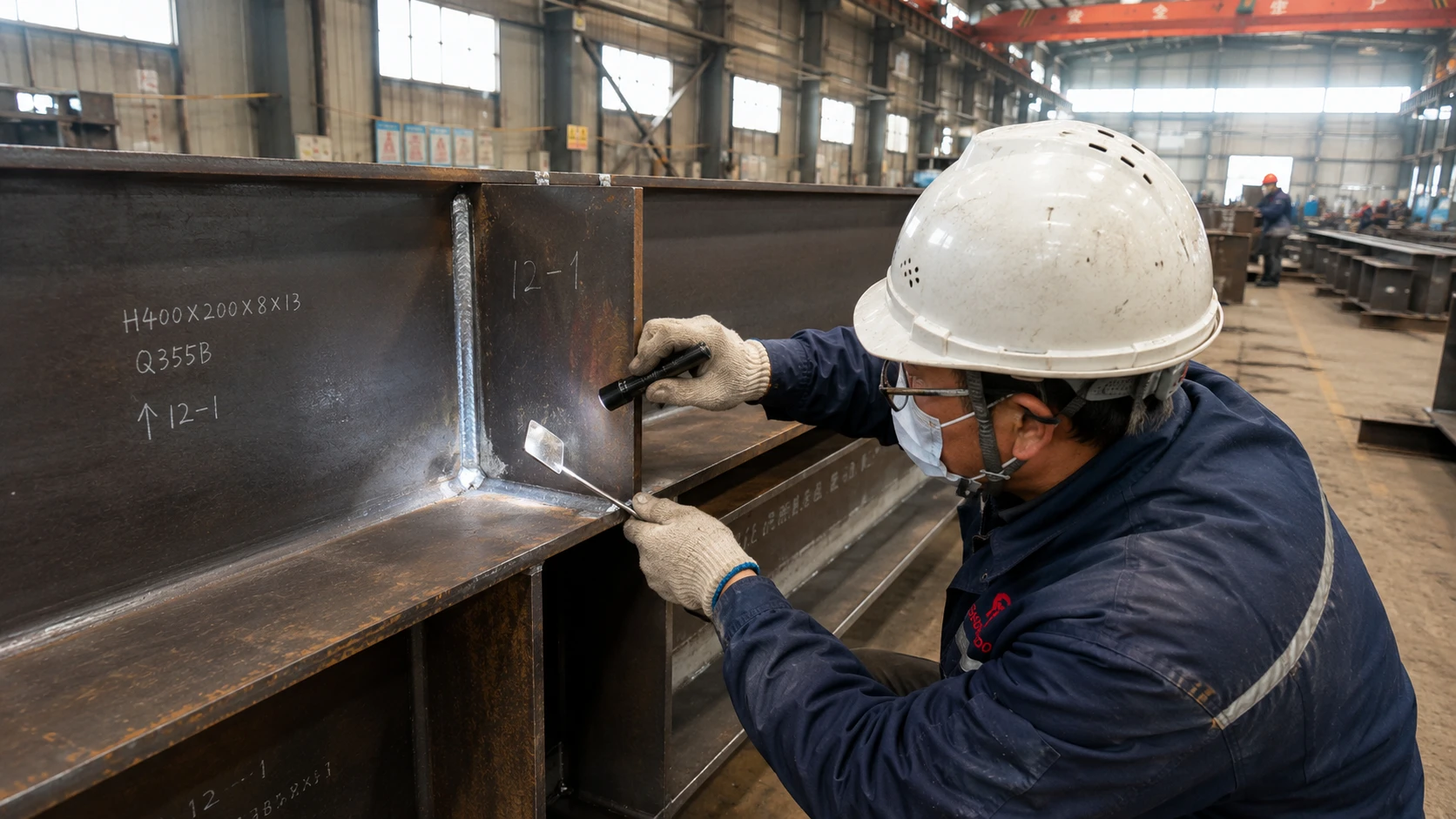 Inspector performing welding inspection on a steel H-beam connection in the steel structure fabrication workshop.