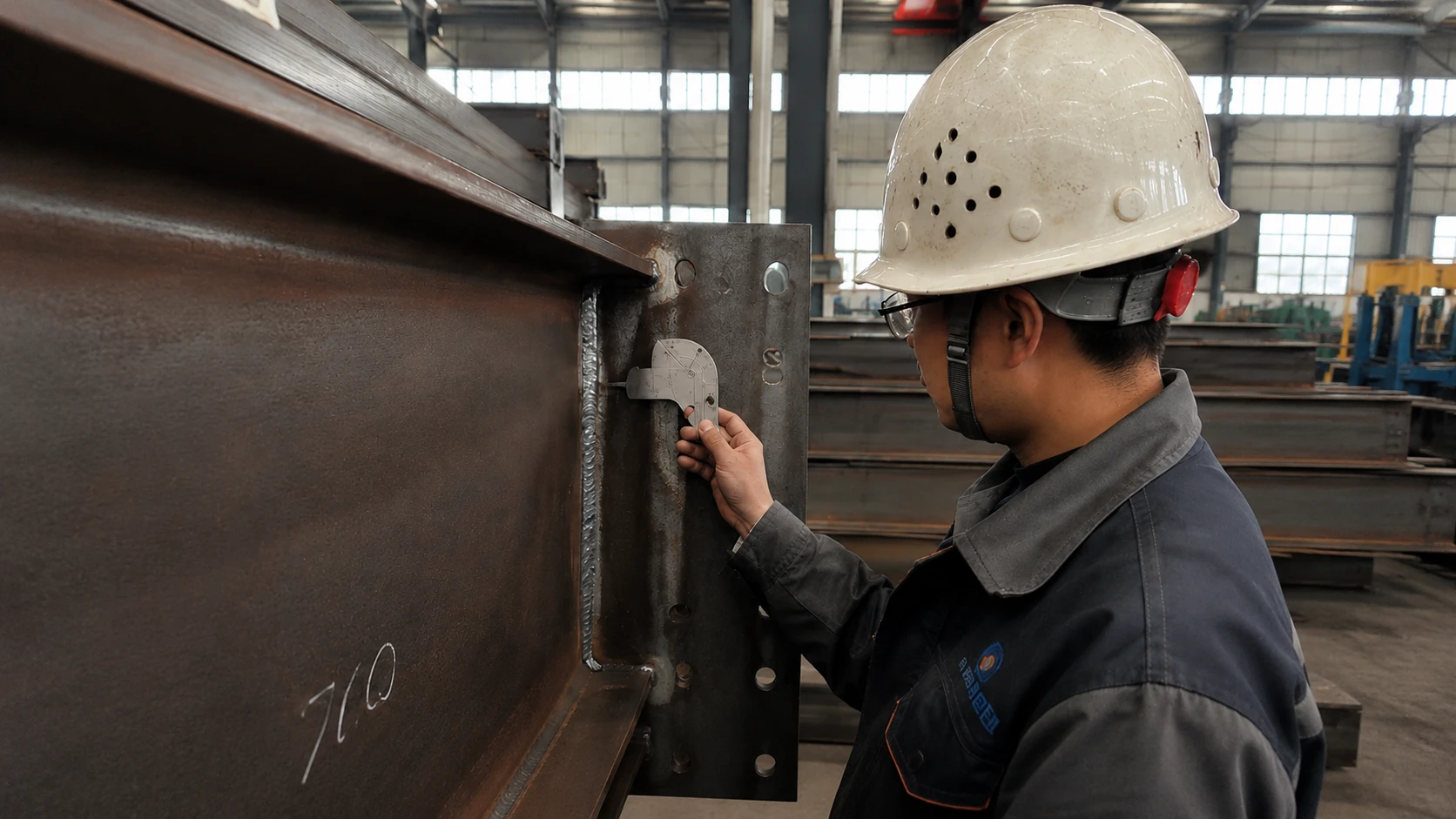 Worker checks weld quality on a connection plate of a fabricated steel beam for the Romania warehouse project.