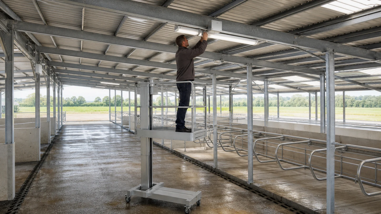 Licensed electrician installs protected cabling and sealed junctions in a cow shed
