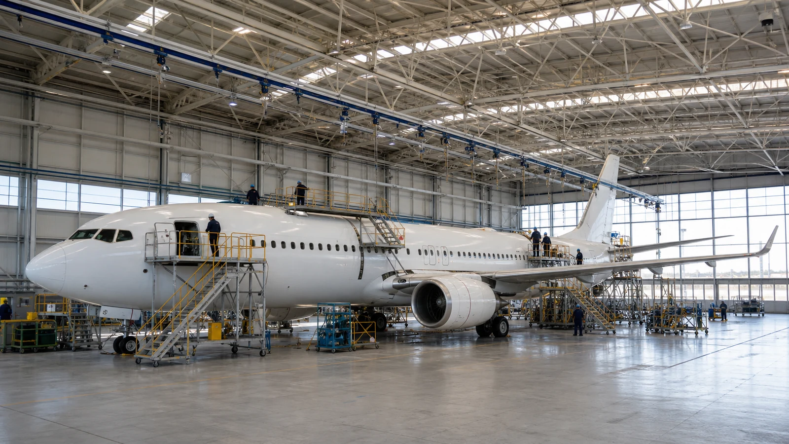 Wide hangar view shows overhead rail coverage above an aircraft wing and fuselage