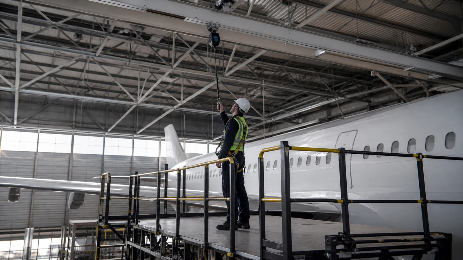Safety engineer checks retractable lifeline clearance above an aircraft work platform