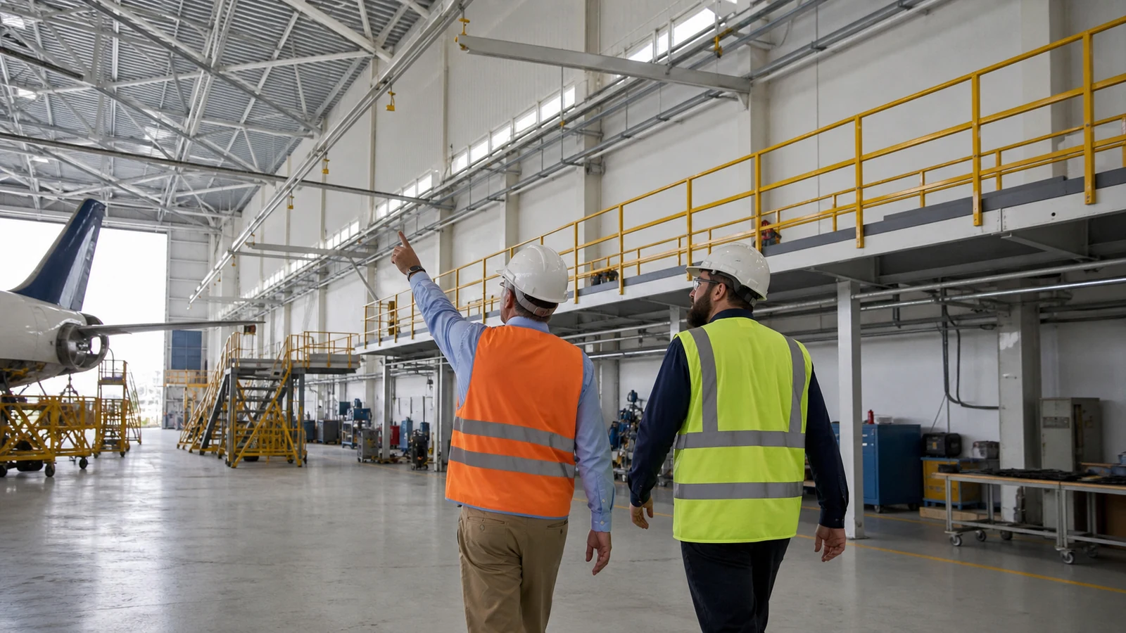 Buyer and engineer inspect aircraft work zones before preparing a hangar safety RFQ