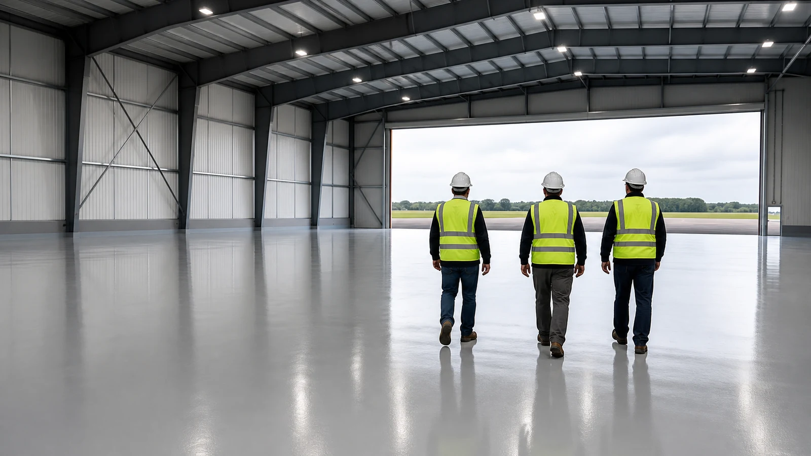 Inspectors walk a completed aircraft maintenance hangar during floor handover