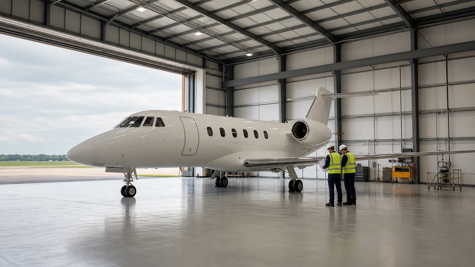 Engineers review operating zones on a coated aircraft maintenance hangar floor