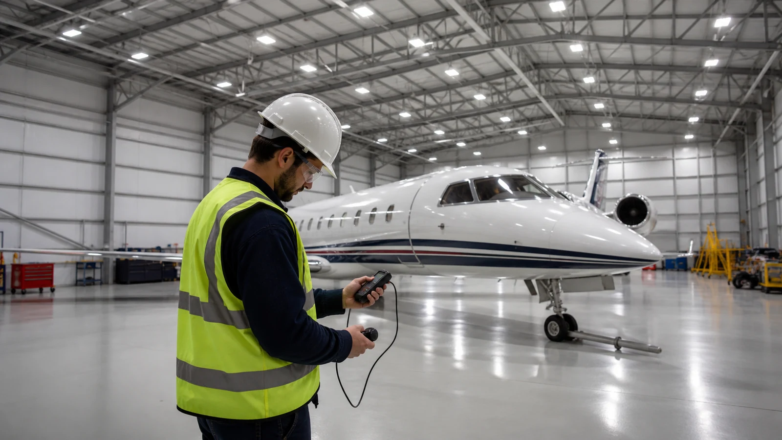 Lighting engineer measures delivered light beside a generic aircraft in a steel maintenance hangar.