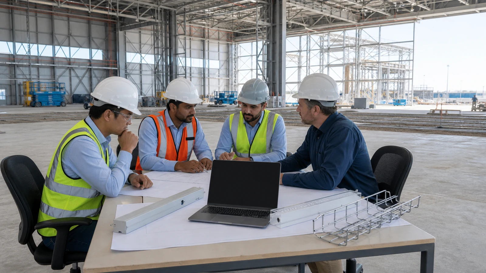 Project team reviews fixture samples, cable routing, and blank drawings for a hangar lighting RFQ.