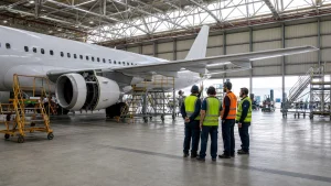 Maintenance team maps protected work zones around an aircraft inside a steel hangar
