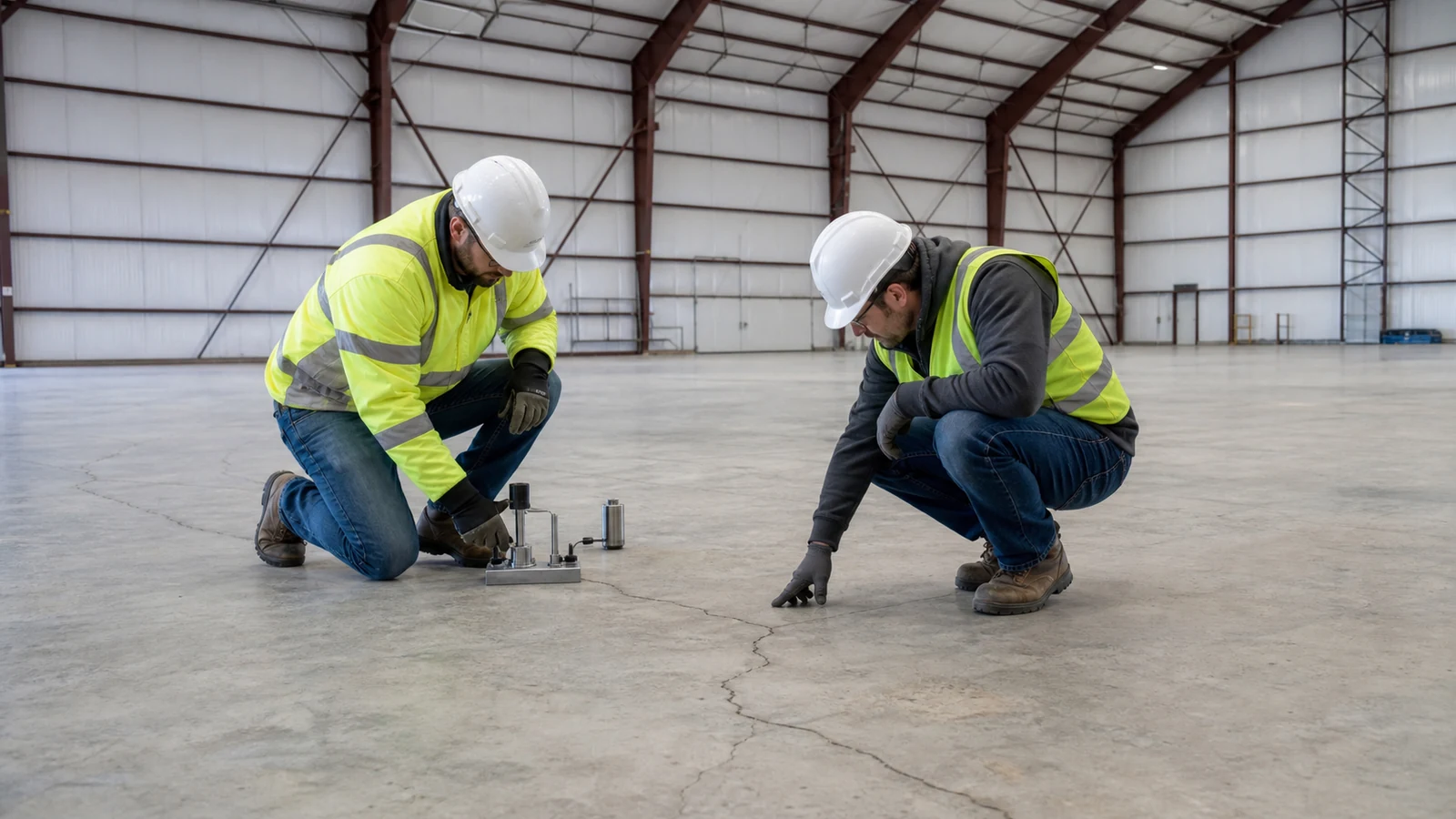 Flooring inspectors test moisture and defects in a concrete aircraft hangar slab