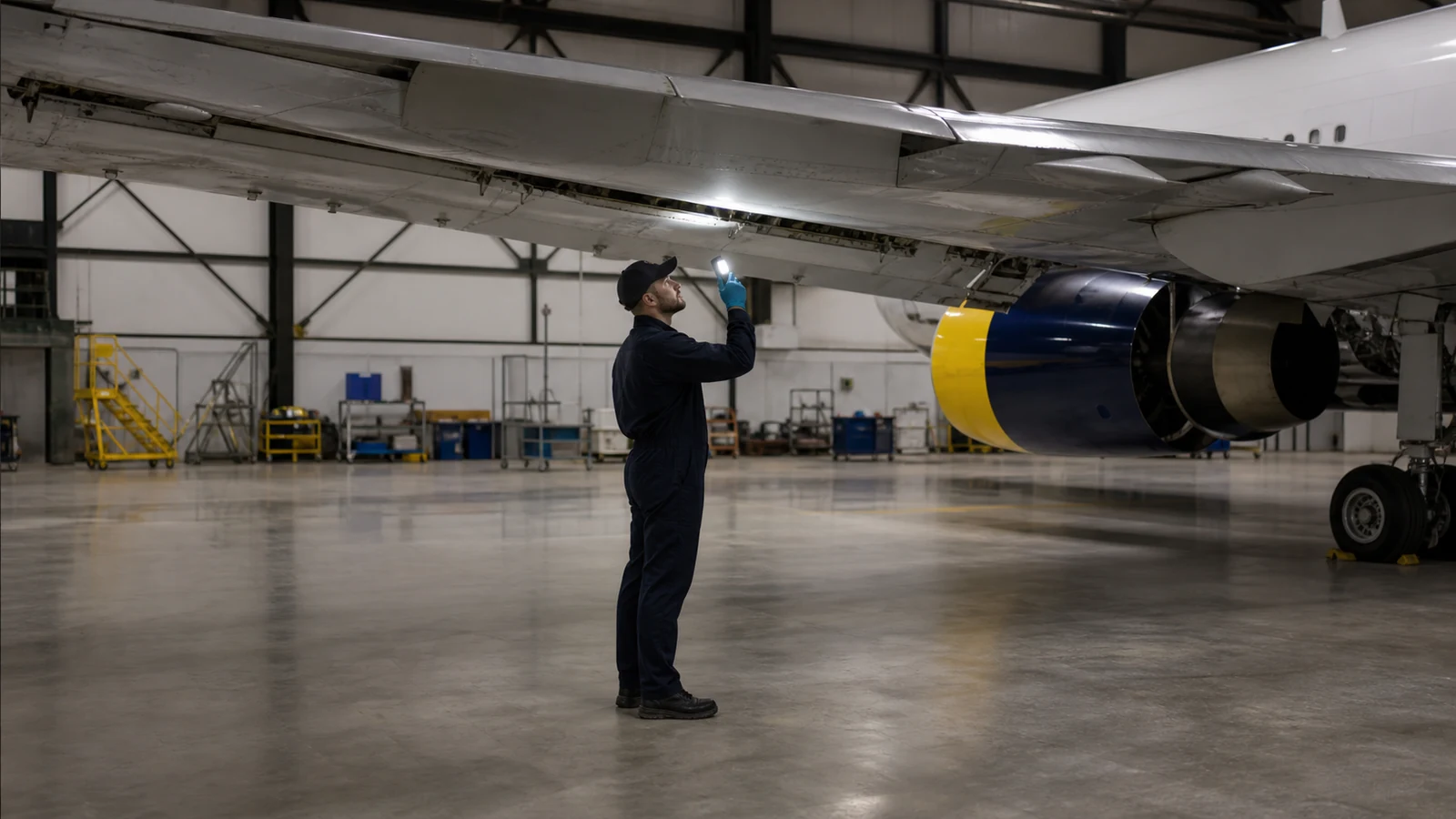 Technician uses shielded task lighting to inspect the underside of an aircraft wing without glare.