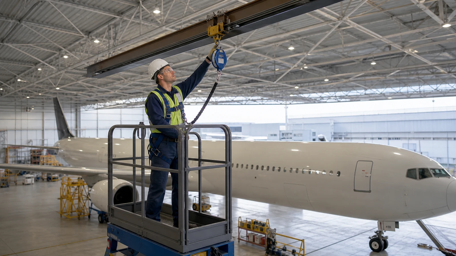 Qualified safety engineer reviews a hangar fall protection trolley and lifeline
