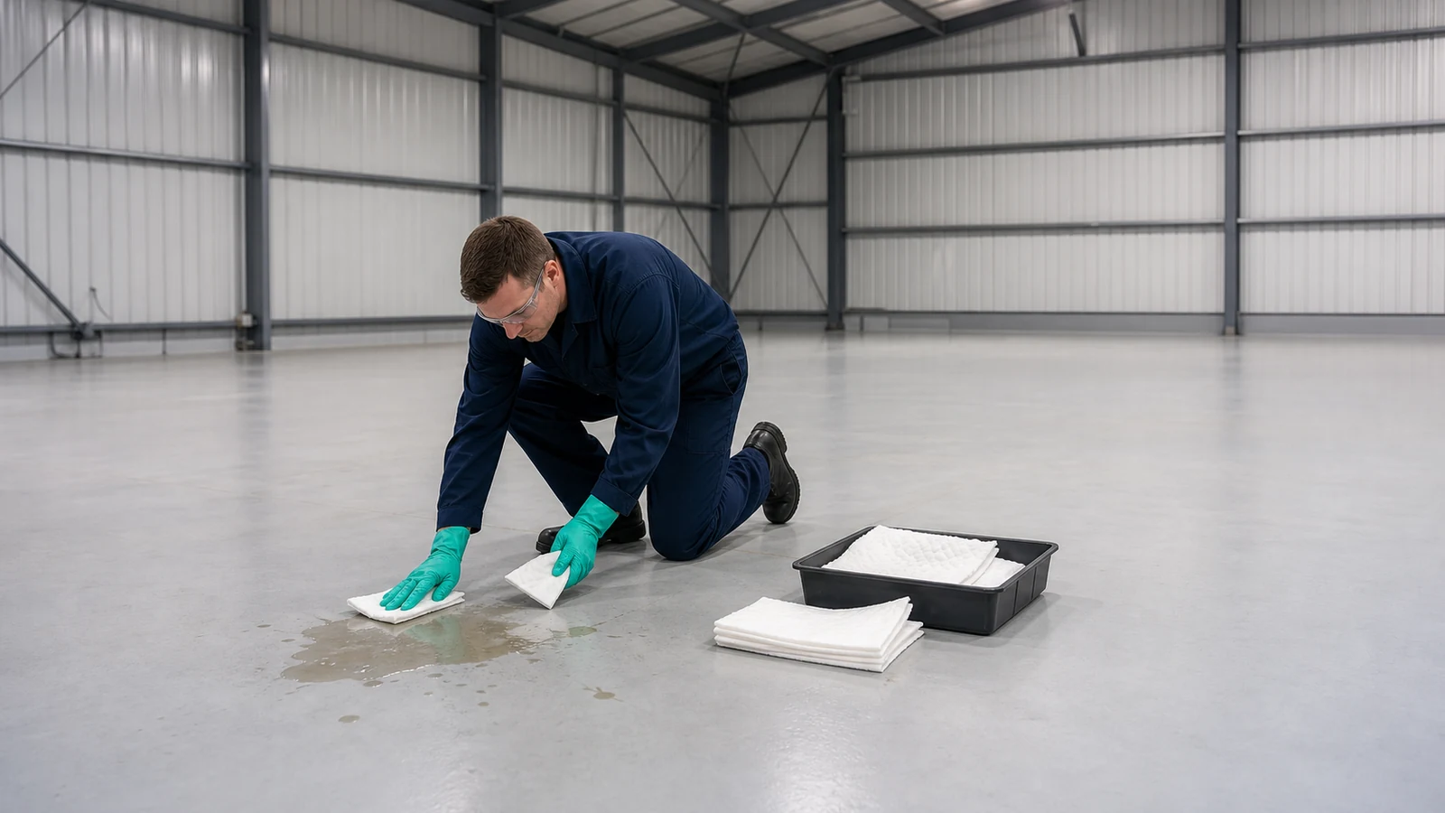 Technician cleans a controlled fluid spill from coated aircraft hangar flooring