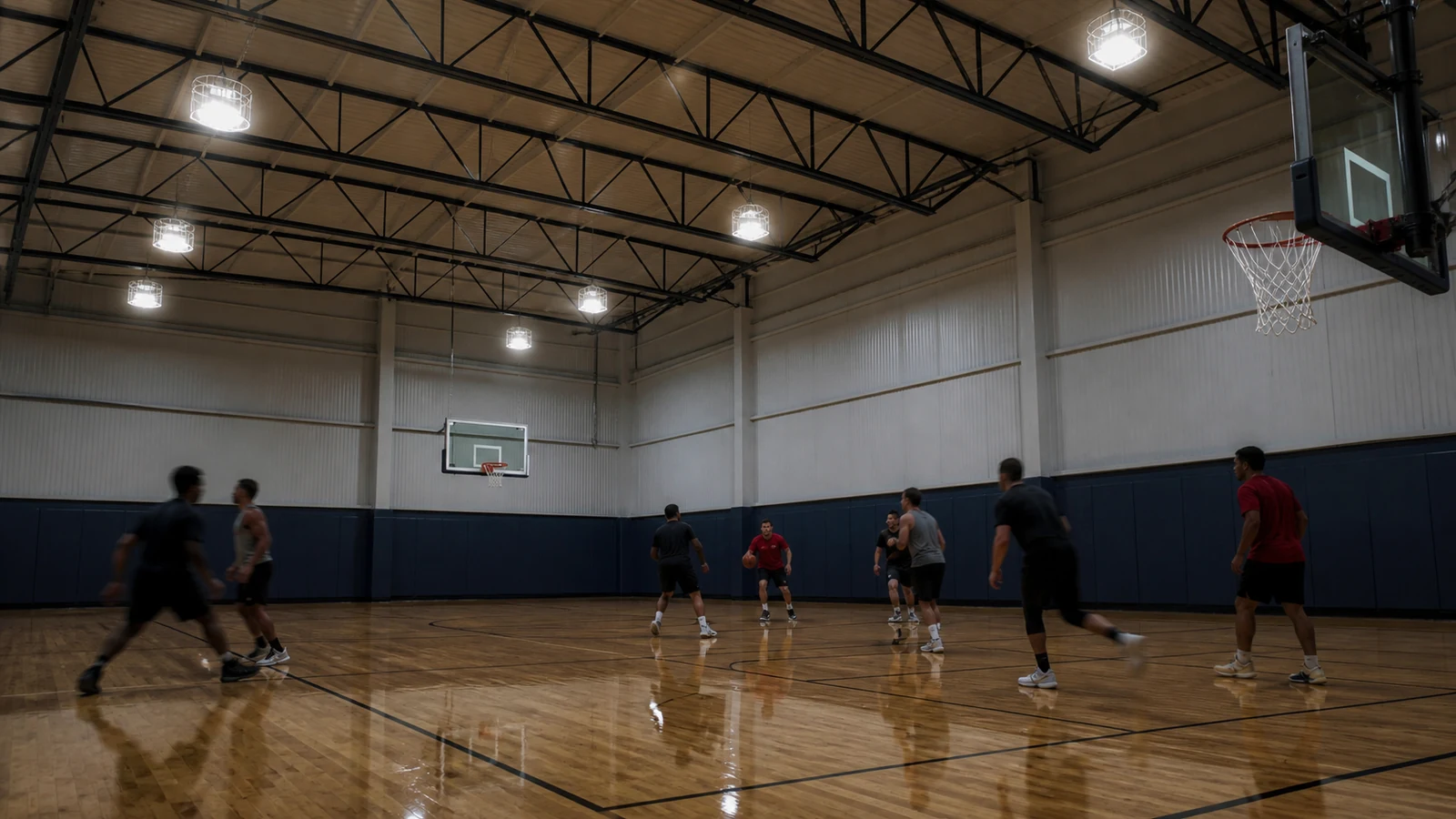 Protected sports luminaires are securely mounted above an active indoor ball court