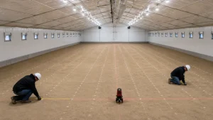 Commercial poultry house interior shows evenly spaced equipment rows and clear aisles