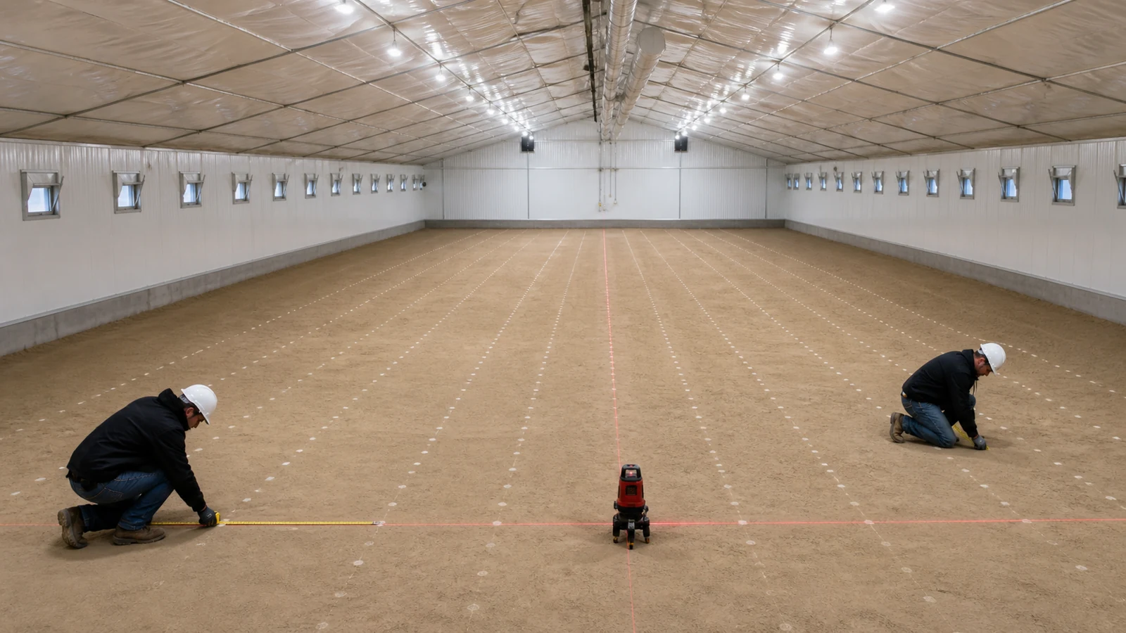 Commercial poultry house interior shows evenly spaced equipment rows and clear aisles