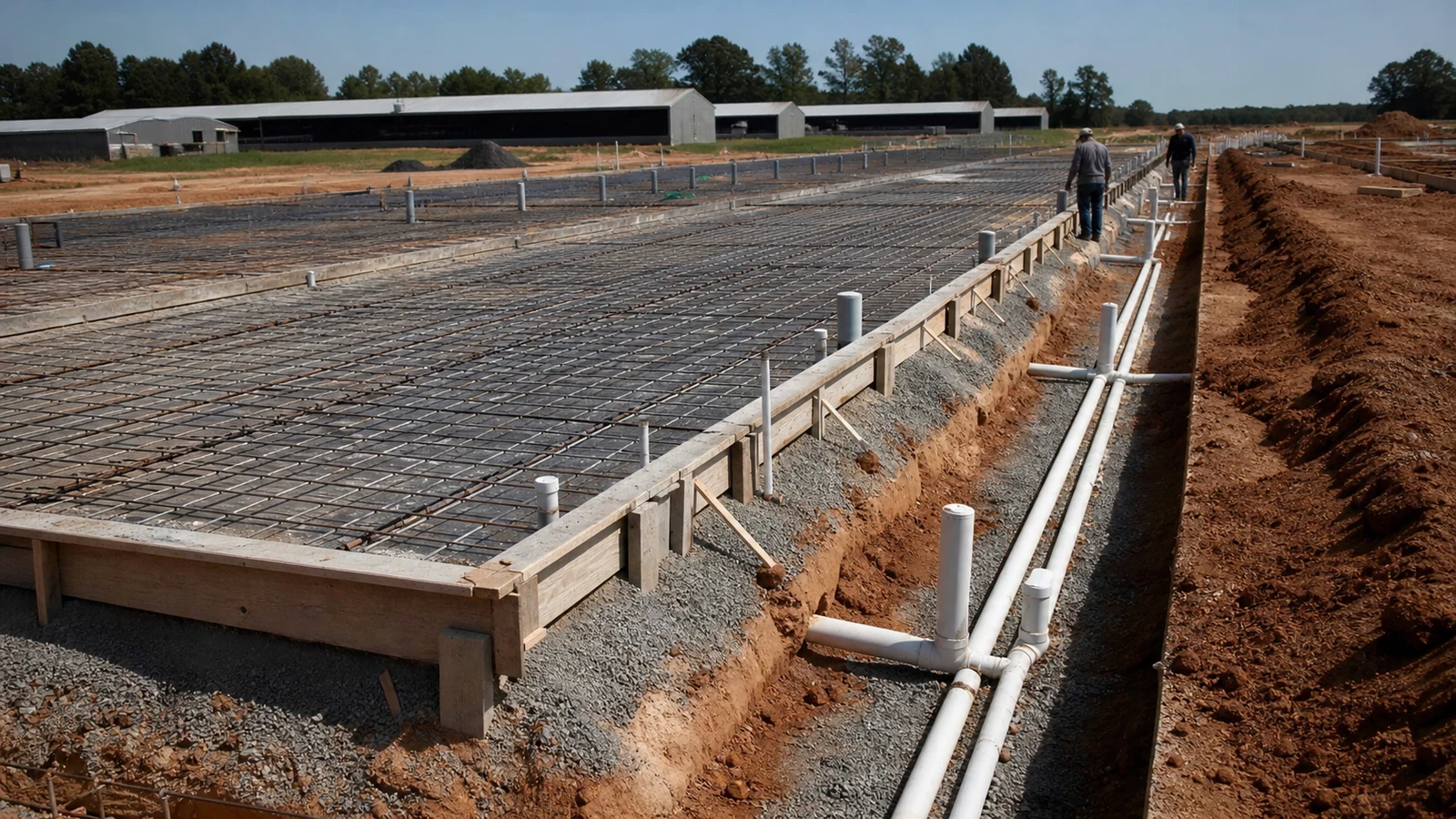Chicken house construction site shows foundations, drainage, and utility trenches
