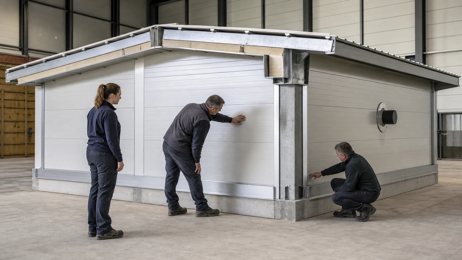 Project team reviews chicken-house panel joints, base flashing, frame connections, and a sealed penetration.