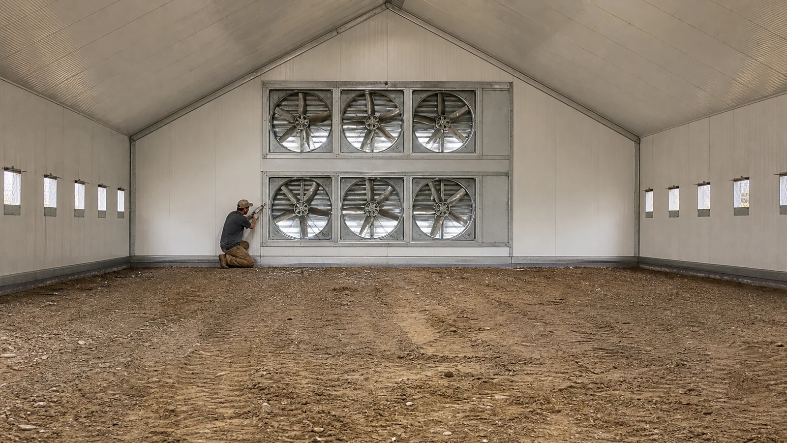 Installer seals insulated panel joints around an exhaust-fan curb on the chicken-house gable.