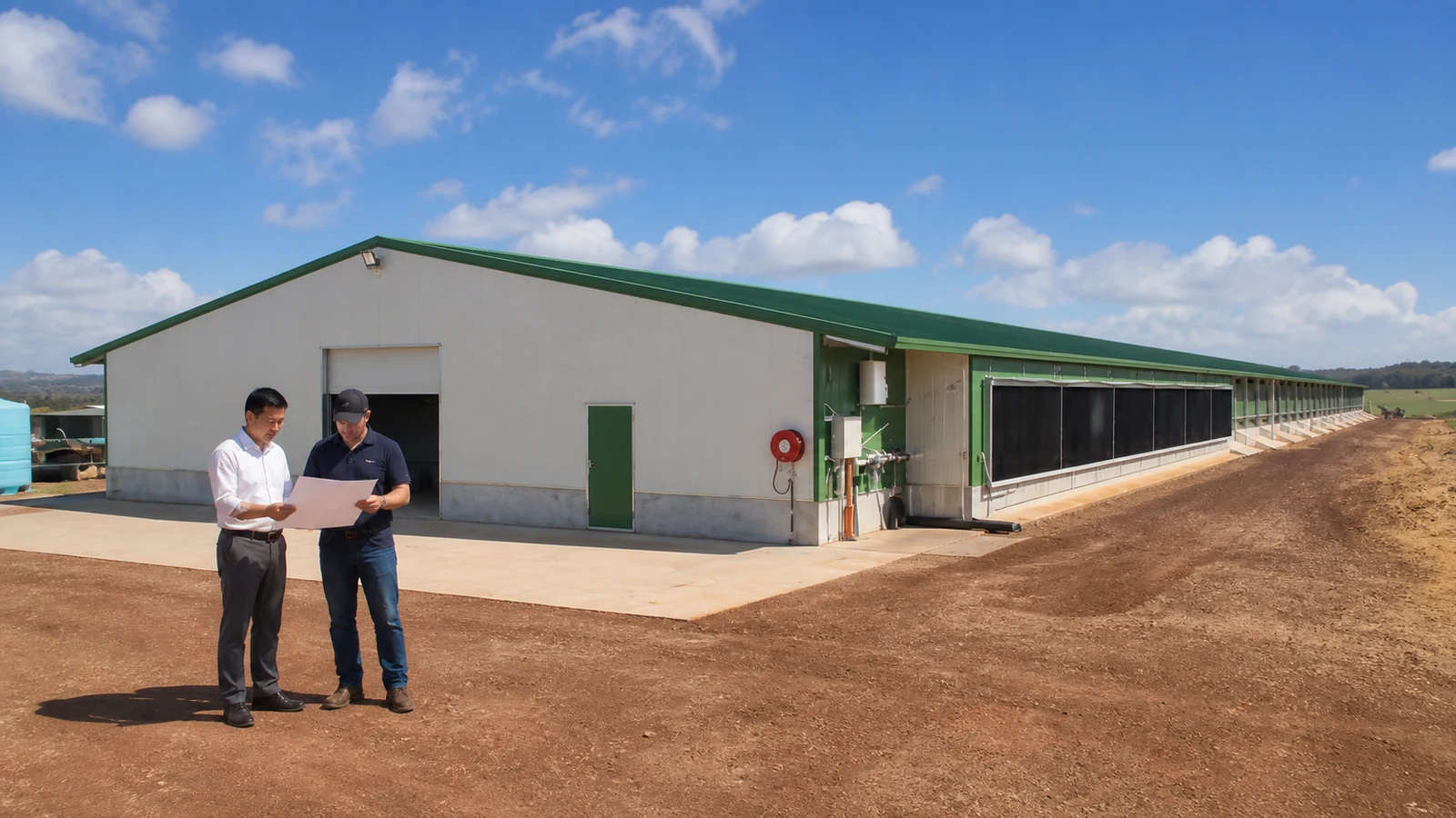 Buyer and contractor review documents beside sidewall cooling pads at the inlet end of a steel chicken house.