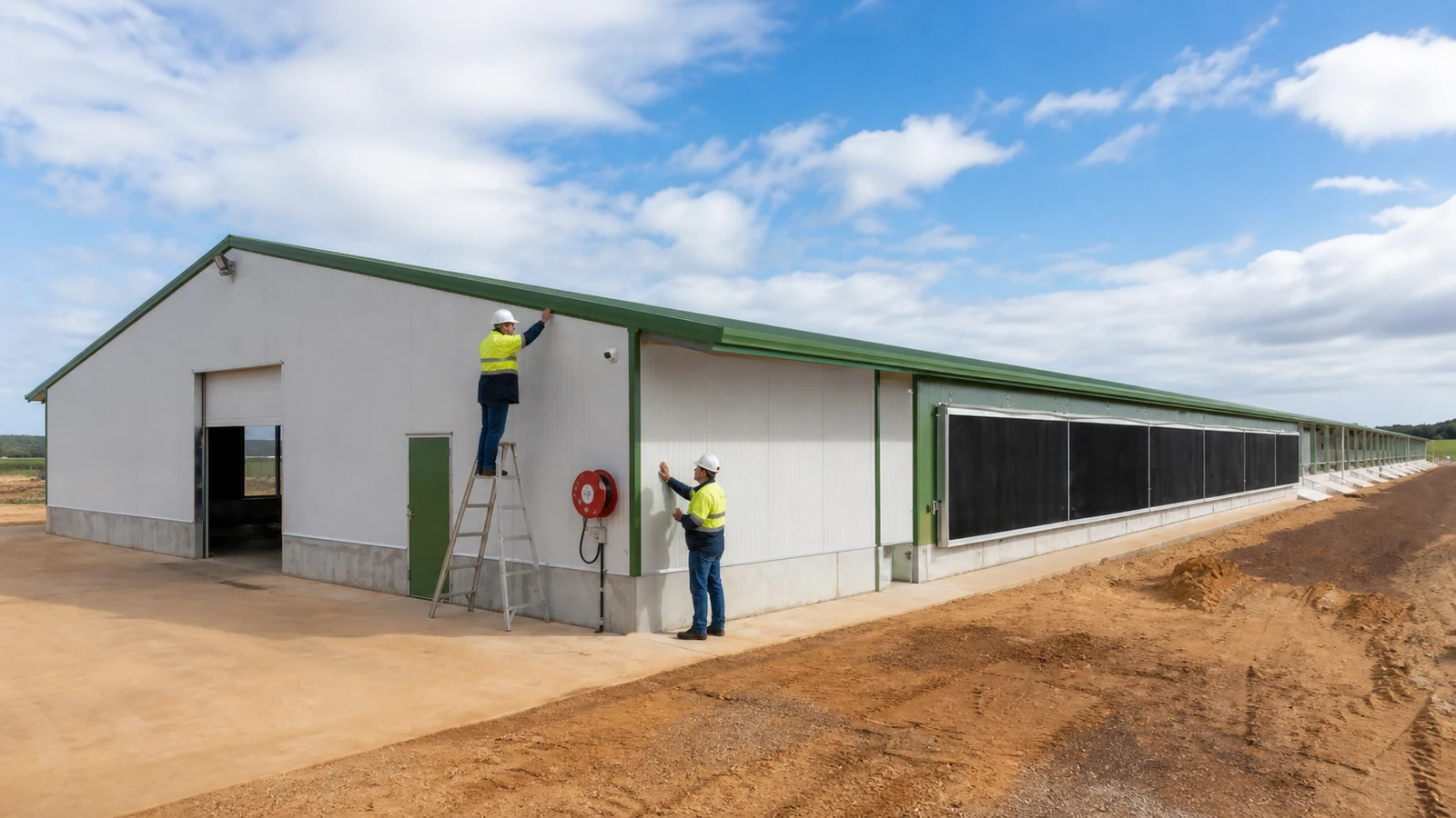 Engineers inspect insulated panels beside a sidewall cooling-pad bank on a commercial chicken house.