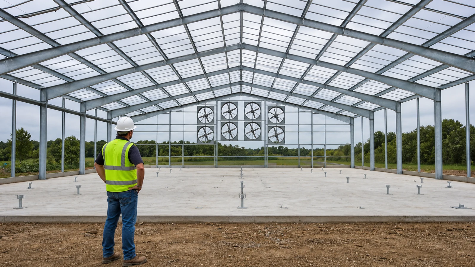 Engineer reviews a steel poultry house frame, openings, and equipment support points