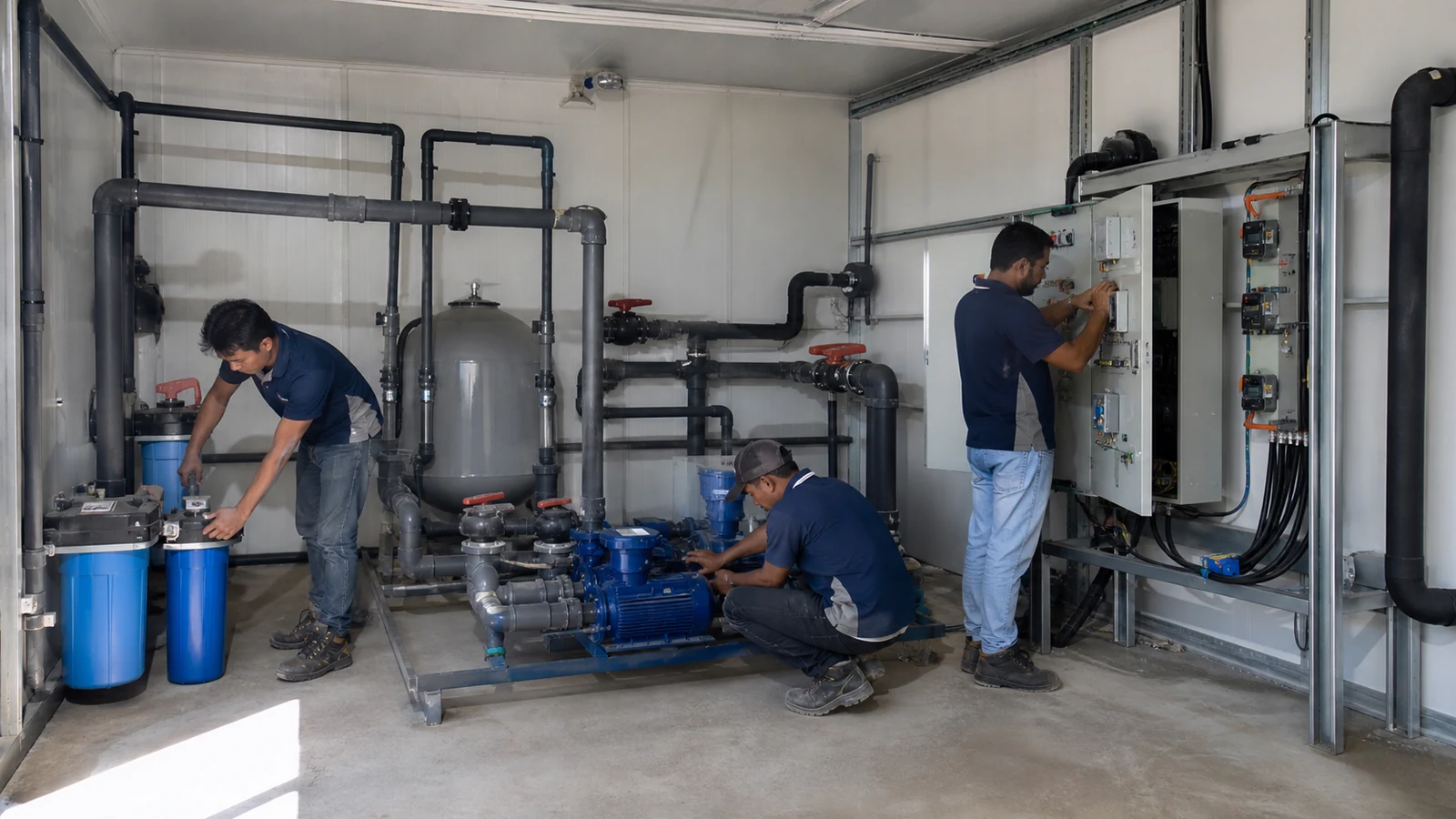 Technicians test poultry house ventilation controls, water lines, and backup power
