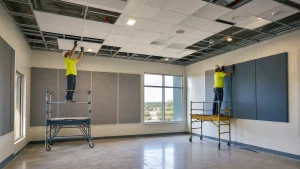 Acoustic ceiling and wall panels are installed in a steel school classroom.