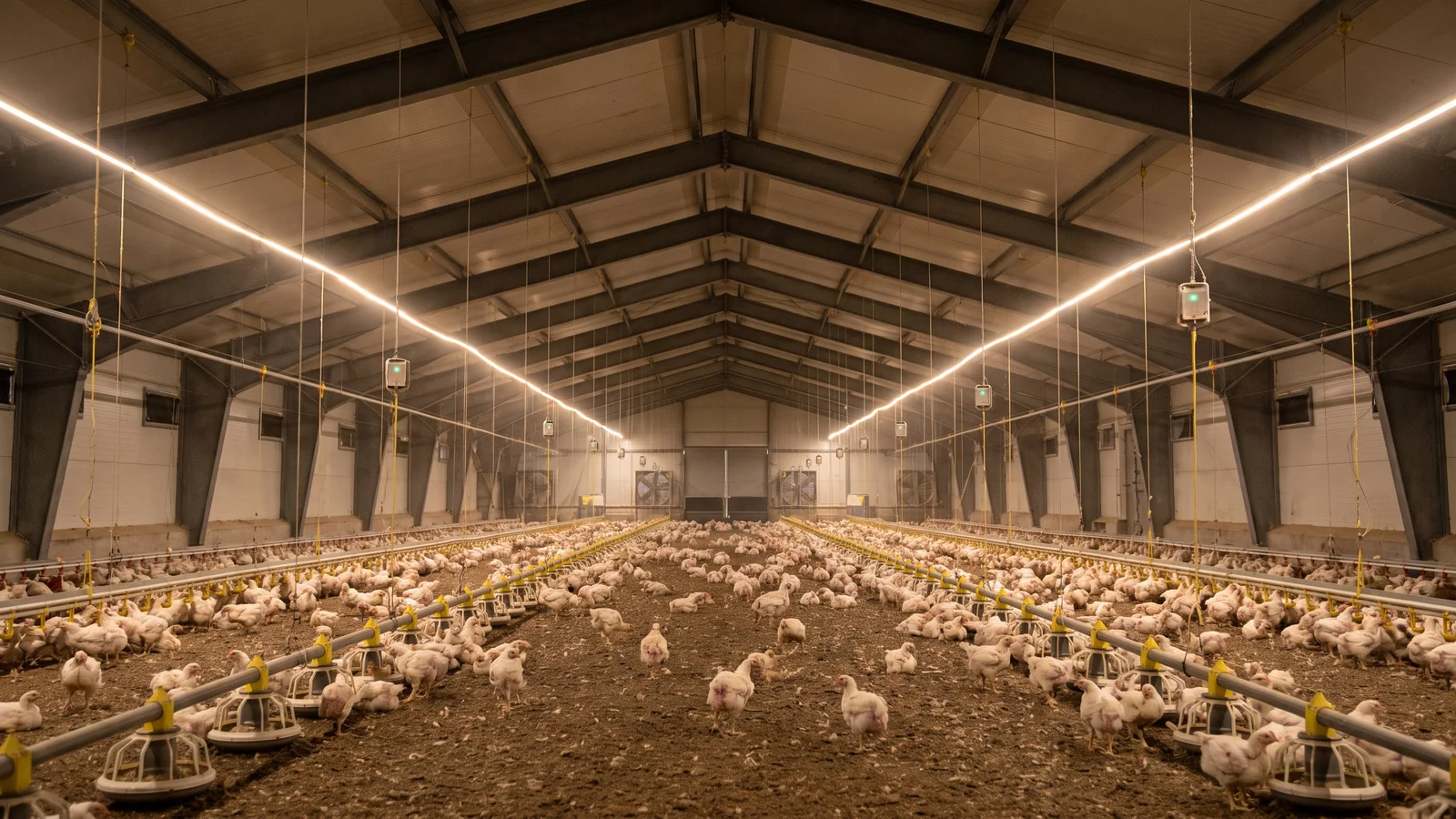 Commercial Broiler House Interior Broilers inside a steel poultry house with feeding, drinking, lighting, and ventilation systems.