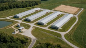 Aerial view of four poultry houses, service roads, utilities, drainage, and an expansion pad.