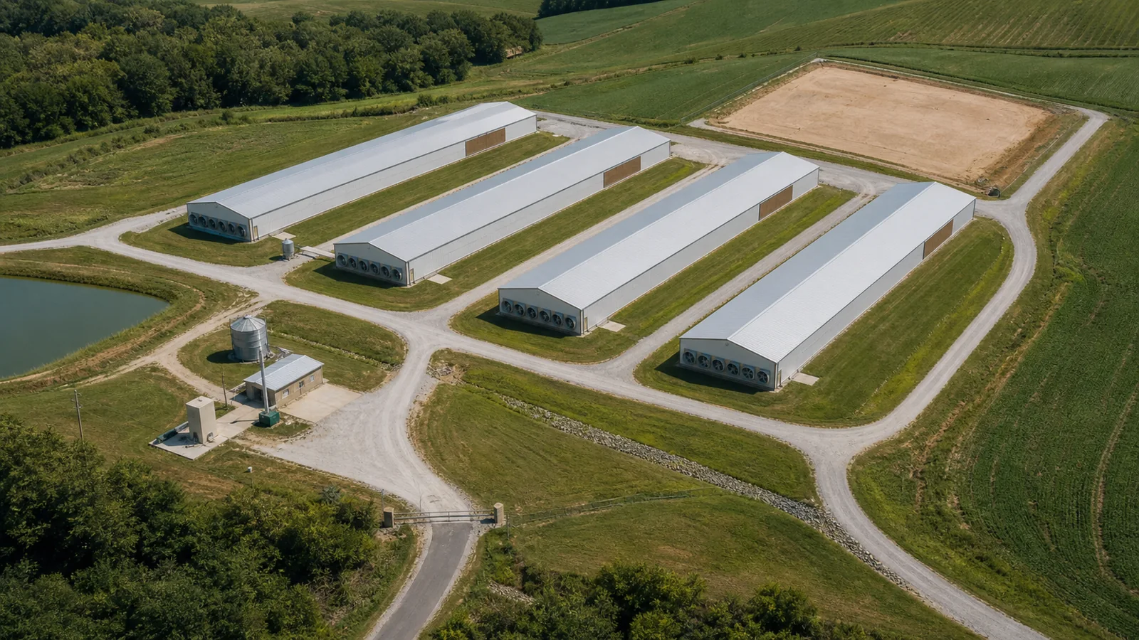 Commercial Chicken Farm Master Plan Aerial view of four poultry houses, service roads, utilities, drainage, and an expansion pad.