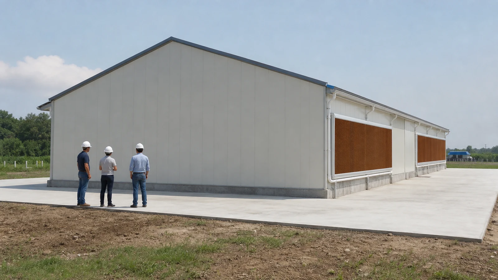 Poultry project team reviews a steel chicken house, equipment, and site-work scope